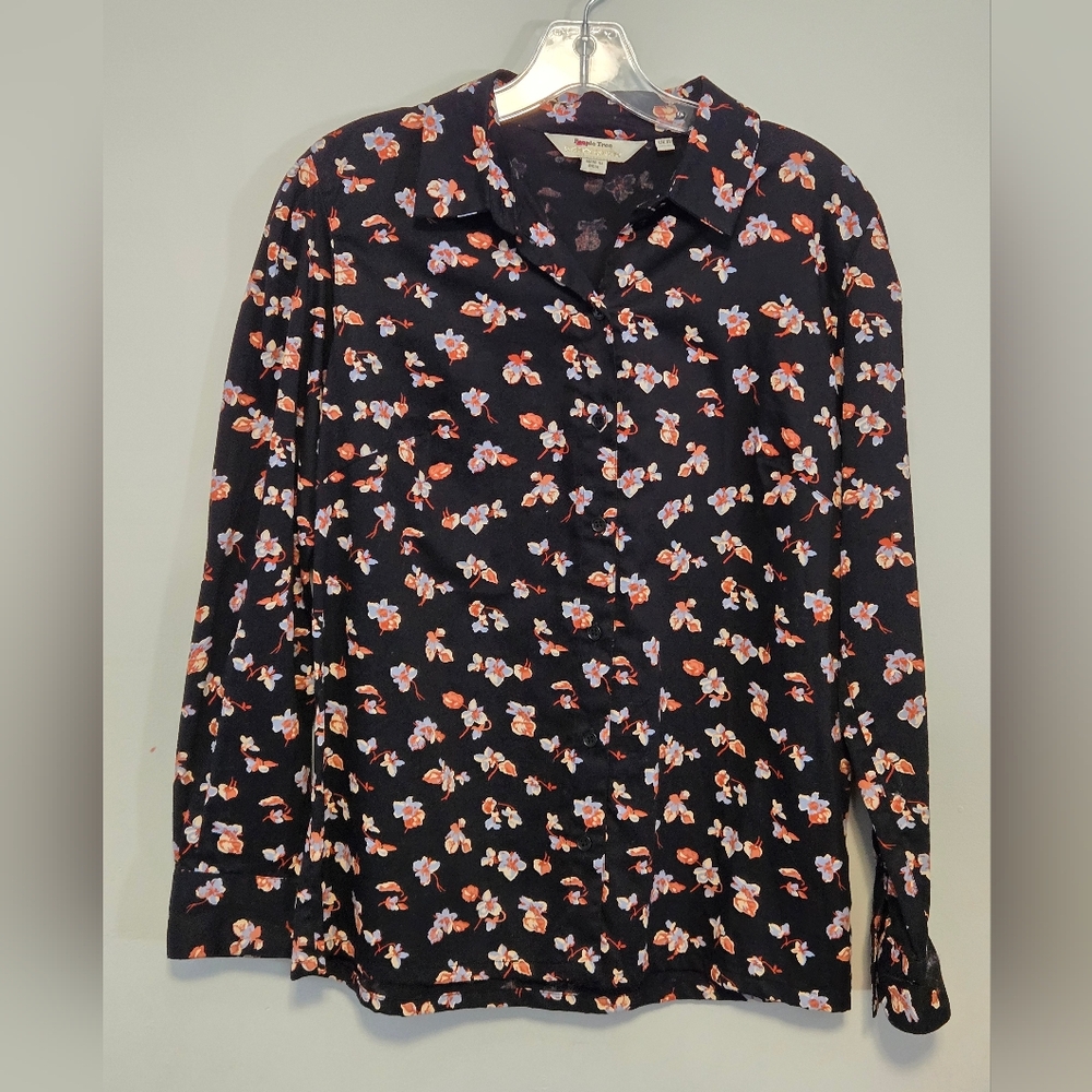 People Tree Organic Cotton Black Floral Button Up Shirt Eco Friendly, Size 6